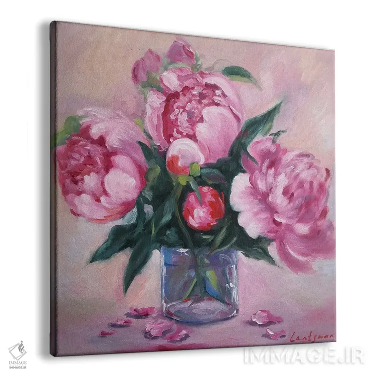 تابلو دکوراتیو پئونی های صورتی ظریف در گلدان شیشه ای اثر جین لانتسمن - نمای پرسپکتیو محصول