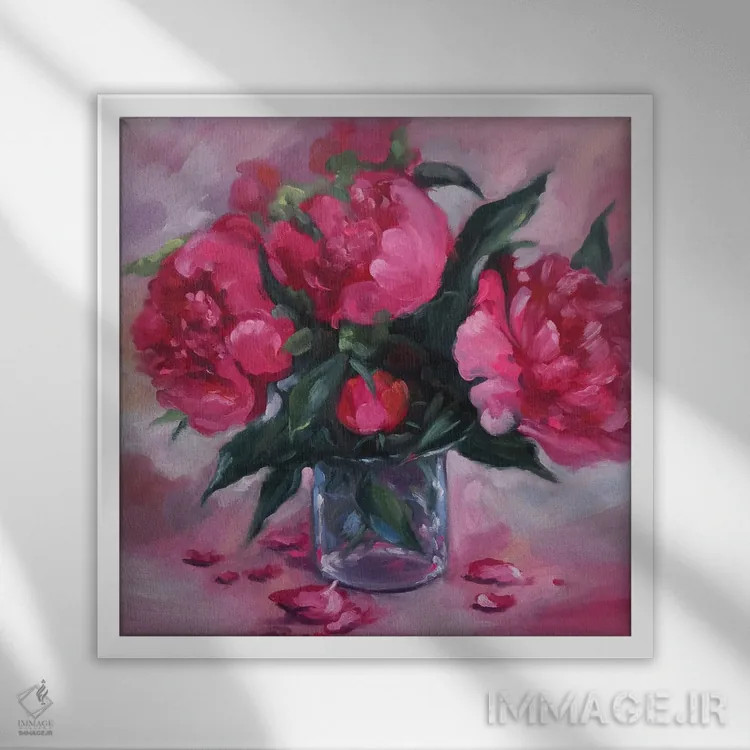 تابلو دکوراتیو گل های پئونی صورتی در گلدان شیشه ای اثر جین لانتسمن - نمای قابدار سفید