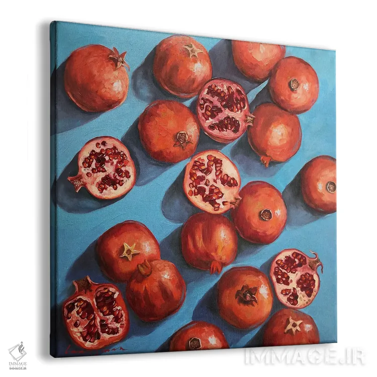 تابلو دکوراتیو انارها روی زمینه فیروزه ای آبی اثر جین لانتسمن - نمای پرسپکتیو محصول