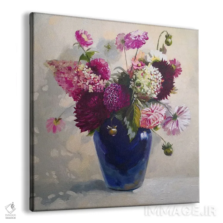 تابلو دکوراتیو دسته گل در گلدان آبی اثر جین لانتسمن - نمای پرسپکتیو محصول