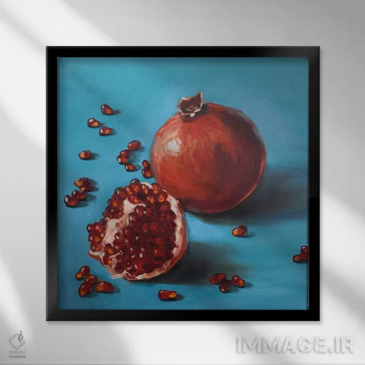 تابلو دکوراتیو انارهای رسیده و دانه ها اثر جین لانتسمن - نمای قابدار مشکی