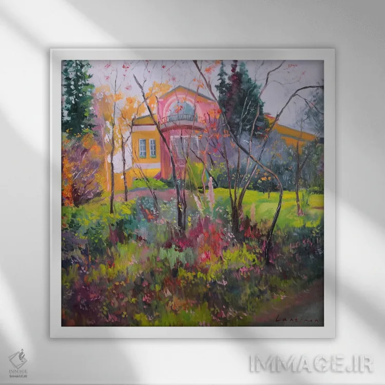 تابلو دکوراتیو پاییز رنگارنگ در منظره عمارت اثر جین لانتسمن - نمای قابدار سفید