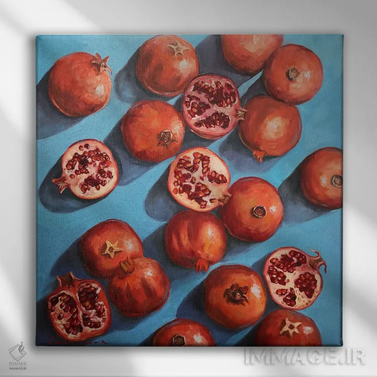 تابلو دکوراتیو انارها روی زمینه فیروزه ای آبی اثر جین لانتسمن - نمای روبهرو روی دیوار