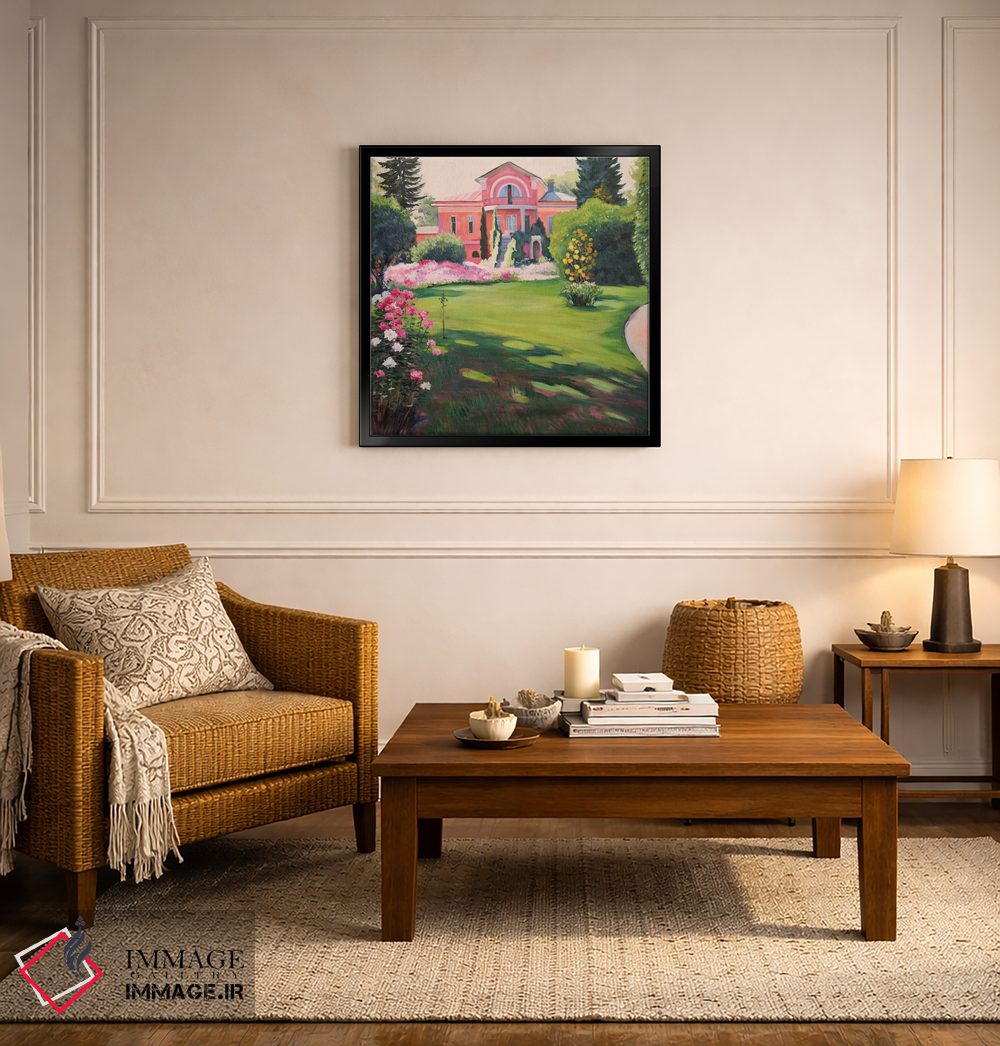 تابلو دکوراتیو منظره امپرسیونیستی با عمارت و باغ پرگل اثر جین لانتسمن - D6B