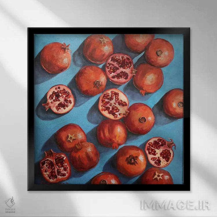 تابلو دکوراتیو انارها روی زمینه فیروزه ای آبی اثر جین لانتسمن - نمای قابدار مشکی