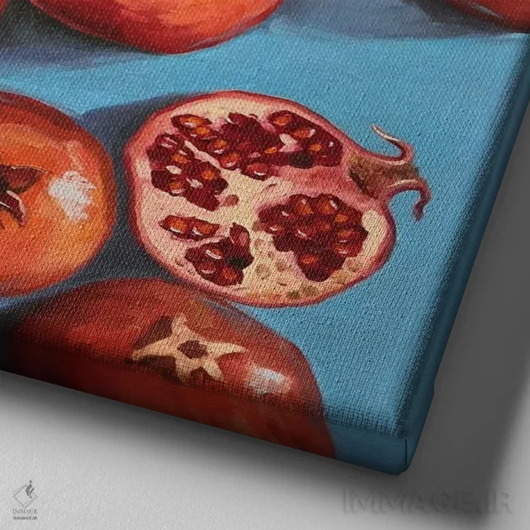 تابلو دکوراتیو انارها روی زمینه فیروزه ای آبی اثر جین لانتسمن - نمای نزدیک بافت بوم