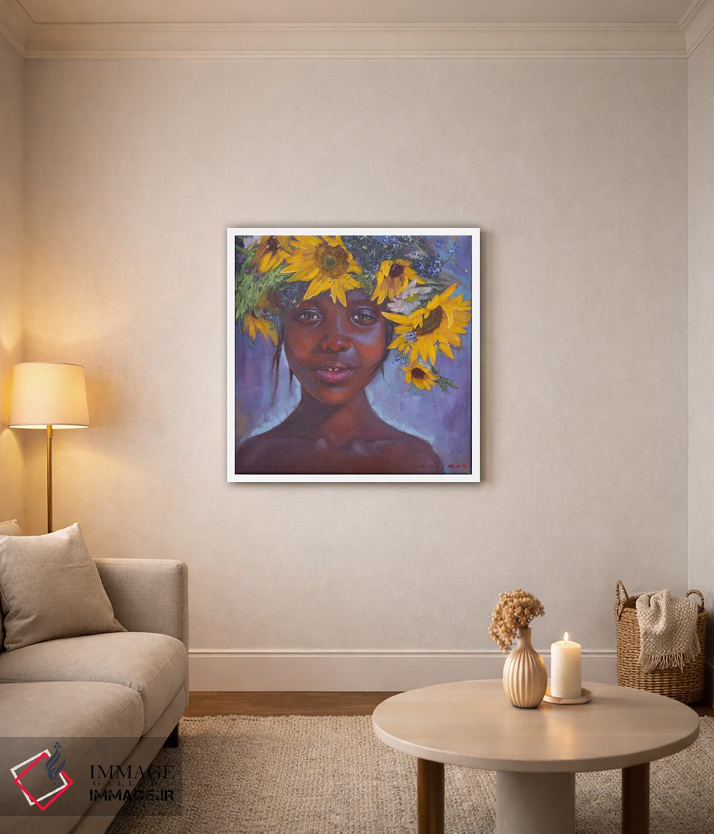 تابلو دکوراتیو دختر آفریقایی-آمریکایی با گل های آفتابگردان اثر جین لانتسمن - D1W
