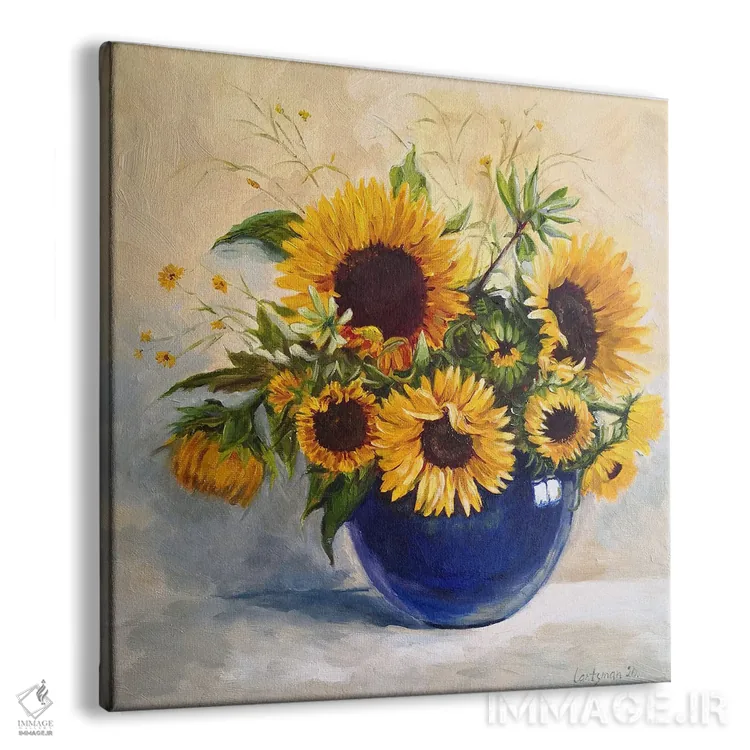 تابلو دکوراتیو گل های آفتابگردان در گلدان آبی اثر جین لانتسمن - نمای پرسپکتیو محصول