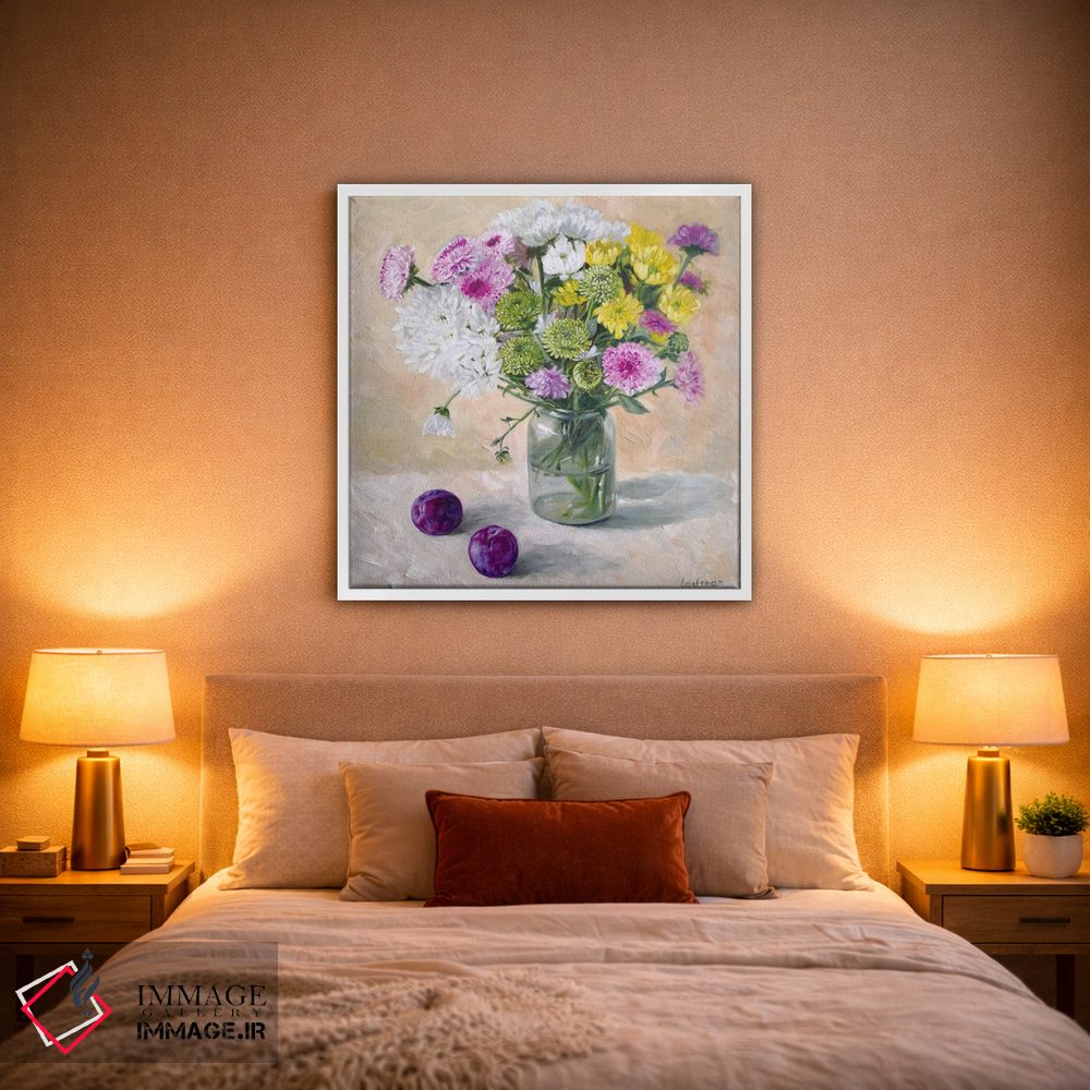تابلو دکوراتیو دسته گل آسترها در گلدان شیشه ای اثر جین لانتسمن - D1W