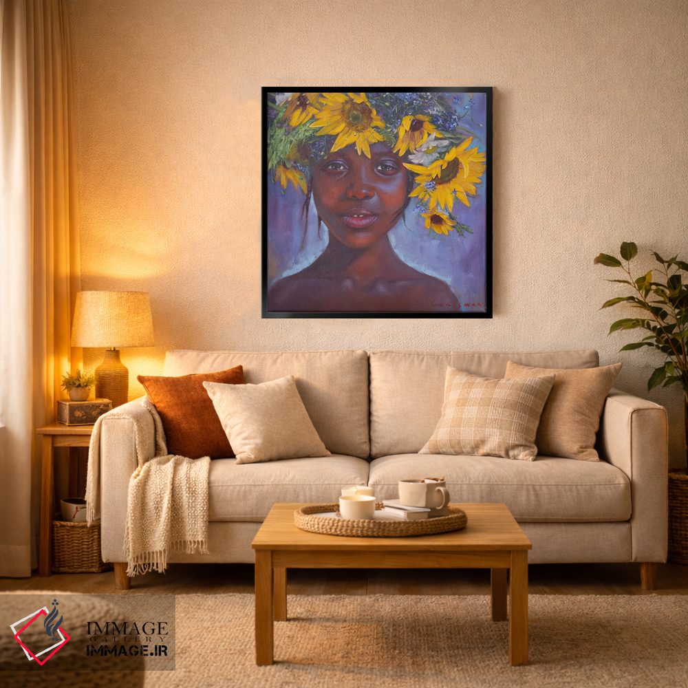 تابلو دکوراتیو دختر آفریقایی-آمریکایی با گل های آفتابگردان اثر جین لانتسمن - D3B