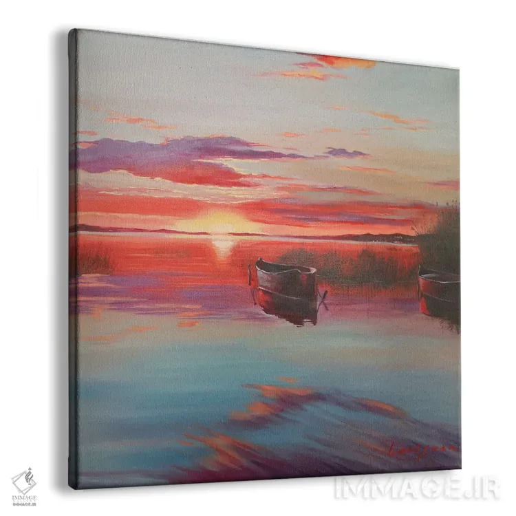 تابلو دکوراتیو غروب خورشید روی دریاچه با قایق ها اثر جین لانتسمن - نمای پرسپکتیو محصول