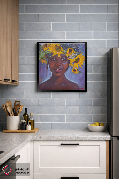 تابلو دکوراتیو دختر آفریقایی-آمریکایی با گل های آفتابگردان اثر جین لانتسمن - D4B