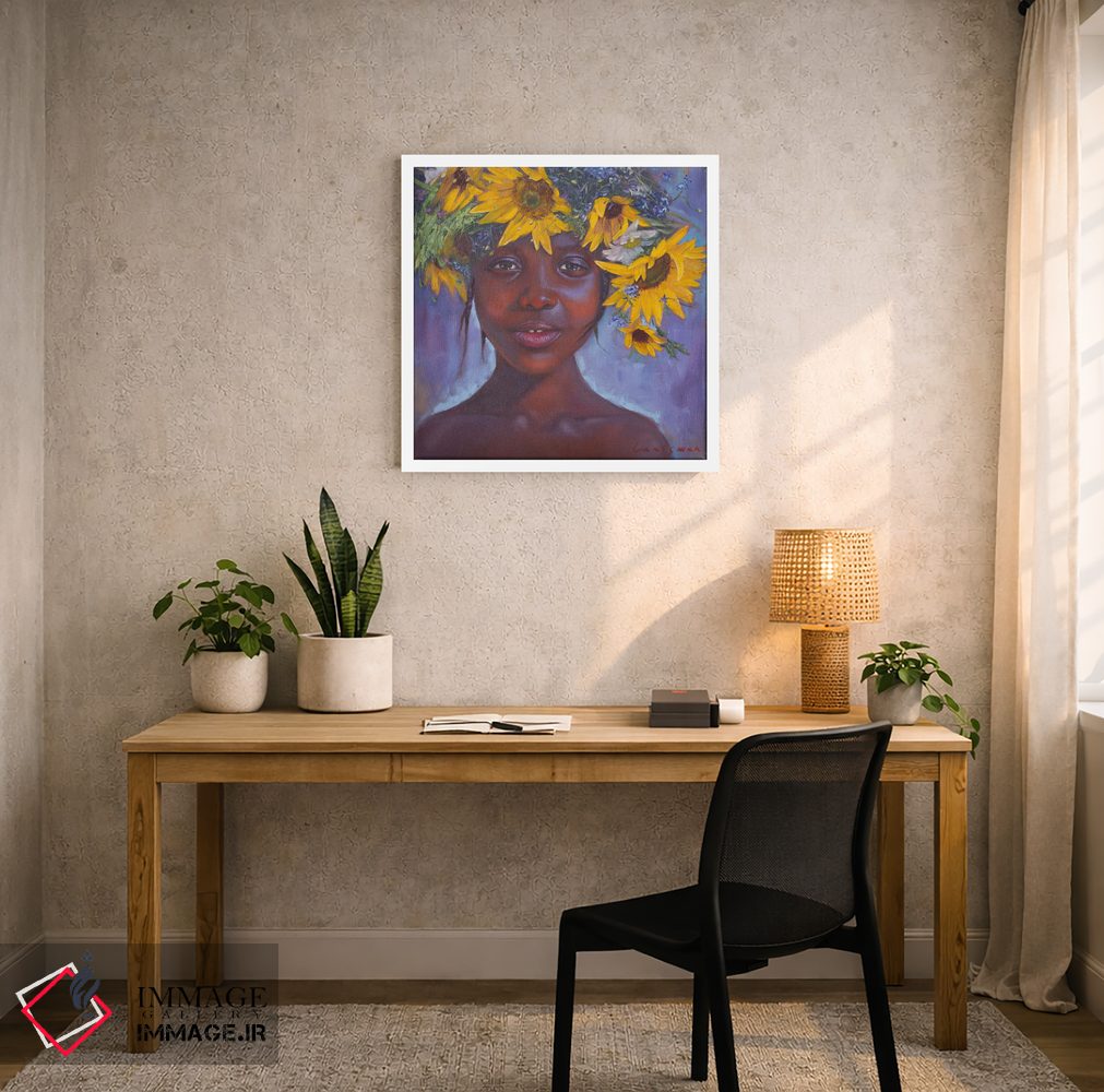 تابلو دکوراتیو دختر آفریقایی-آمریکایی با گل های آفتابگردان اثر جین لانتسمن - D5W