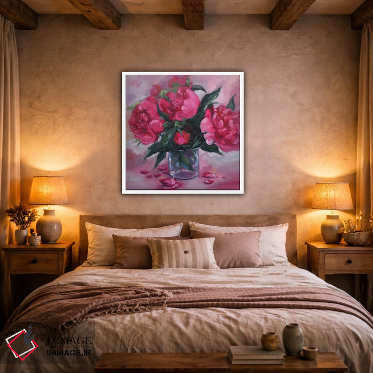 تابلو دکوراتیو گل های پئونی صورتی در گلدان شیشه ای اثر جین لانتسمن - D2W