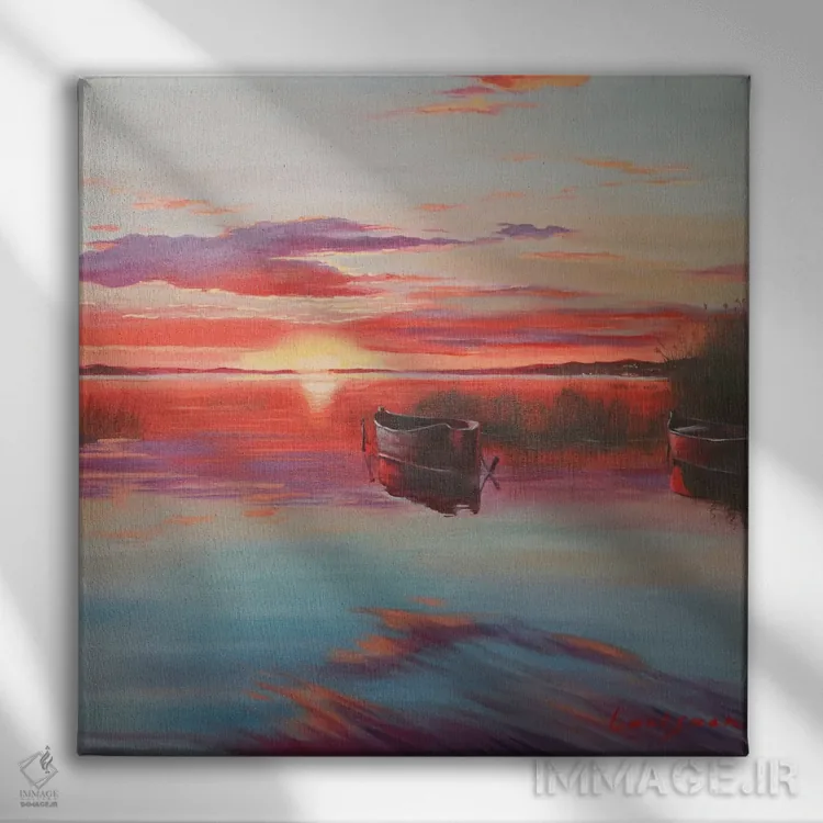 تابلو دکوراتیو غروب خورشید روی دریاچه با قایق ها اثر جین لانتسمن - نمای روبهرو روی دیوار