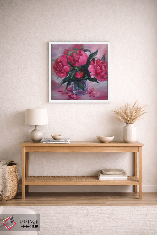 تابلو دکوراتیو گل های پئونی صورتی در گلدان شیشه ای اثر جین لانتسمن - D3W