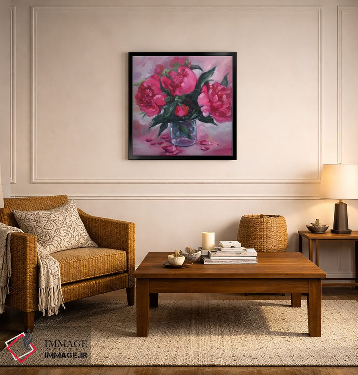 تابلو دکوراتیو گل های پئونی صورتی در گلدان شیشه ای اثر جین لانتسمن - D4B