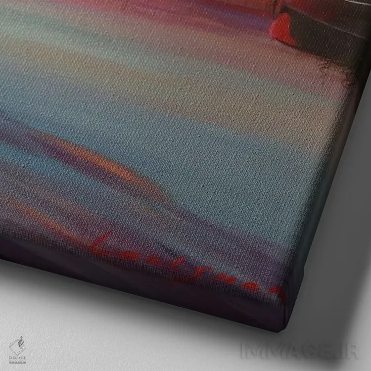 تابلو دکوراتیو غروب خورشید روی دریاچه با قایق ها اثر جین لانتسمن - نمای نزدیک بافت بوم