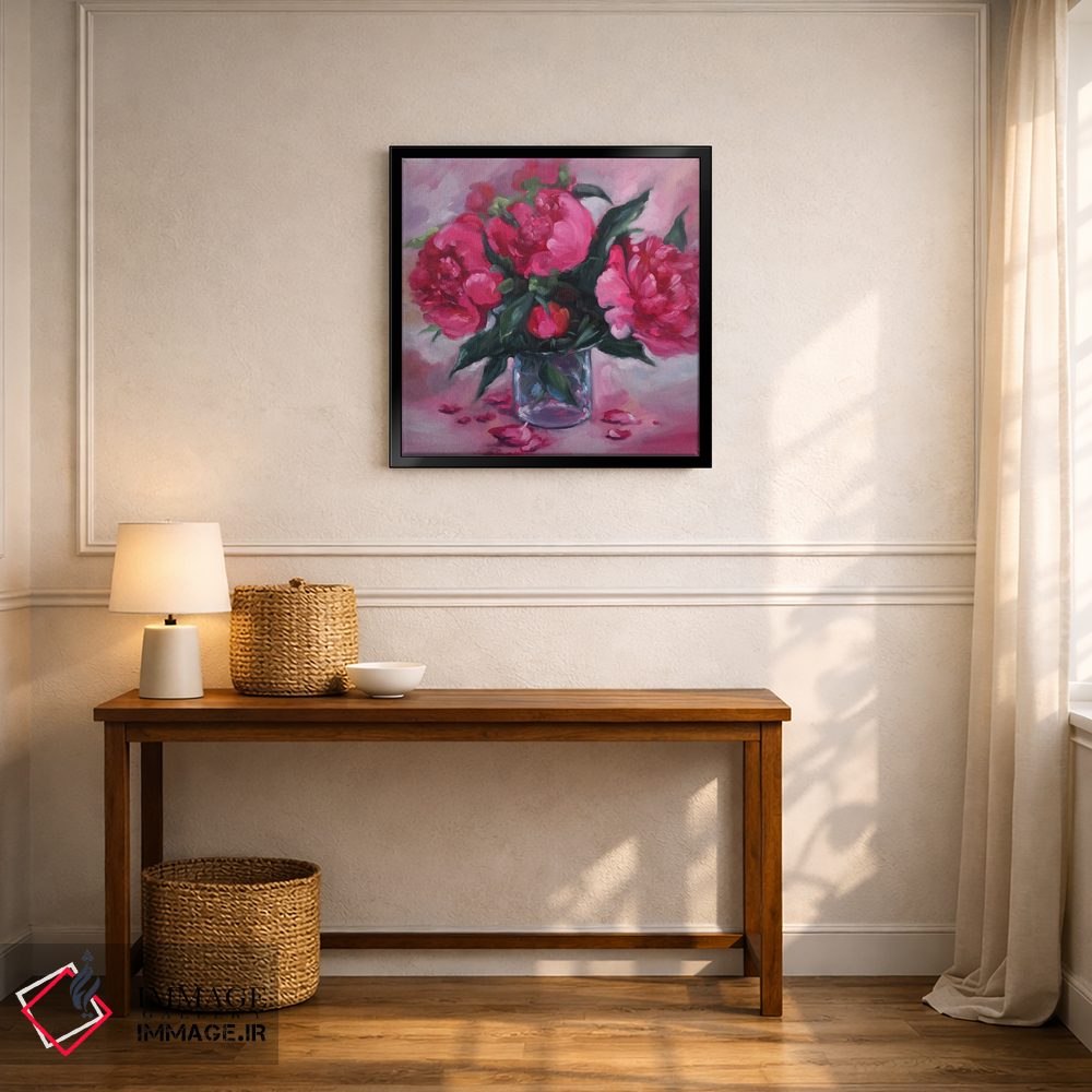 تابلو دکوراتیو گل های پئونی صورتی در گلدان شیشه ای اثر جین لانتسمن - D5B