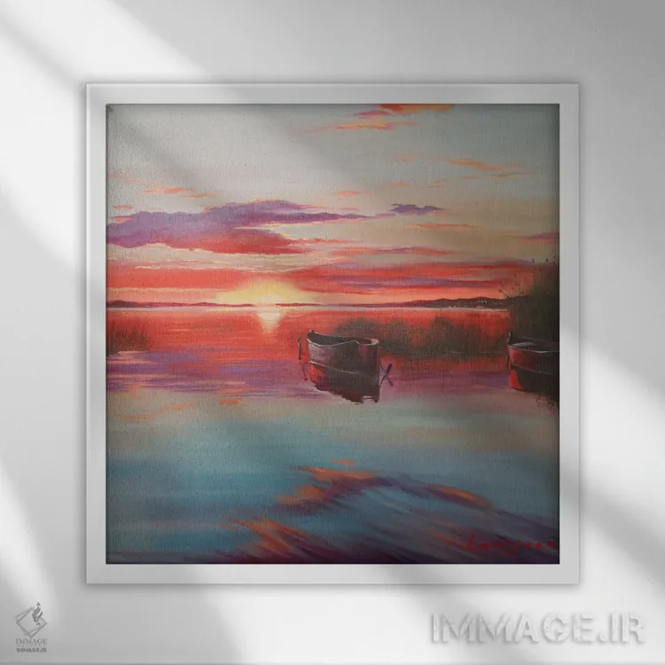 تابلو دکوراتیو غروب خورشید روی دریاچه با قایق ها اثر جین لانتسمن - نمای قابدار سفید