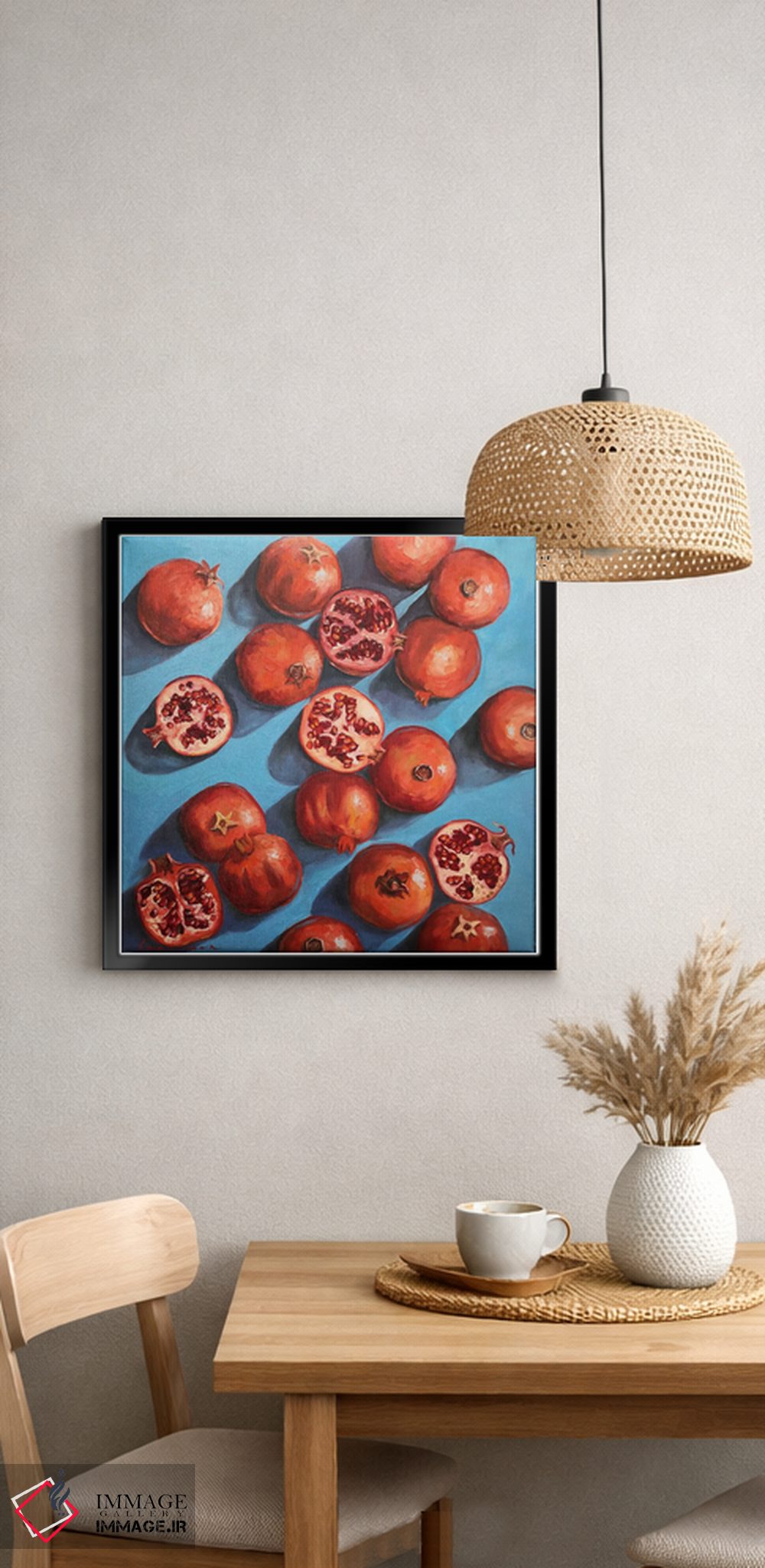 تابلو دکوراتیو انارها روی زمینه فیروزه ای آبی اثر جین لانتسمن - D2B