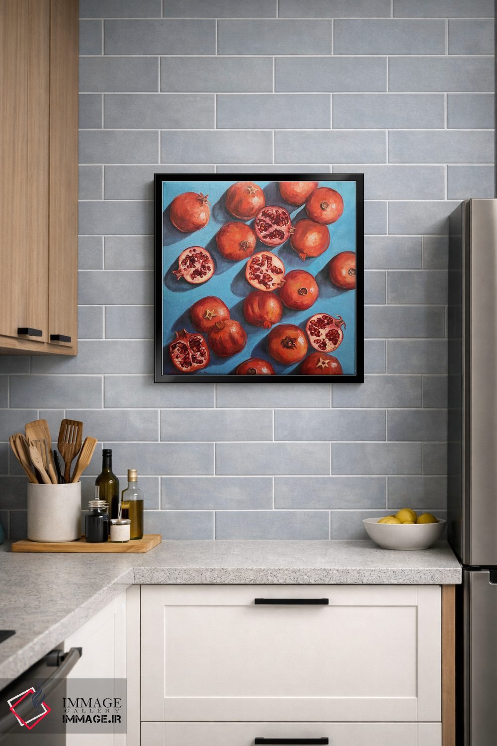 تابلو دکوراتیو انارها روی زمینه فیروزه ای آبی اثر جین لانتسمن - D3B