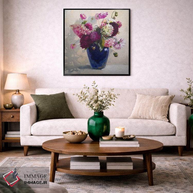 تابلو دکوراتیو دسته گل در گلدان آبی اثر جین لانتسمن - D3B