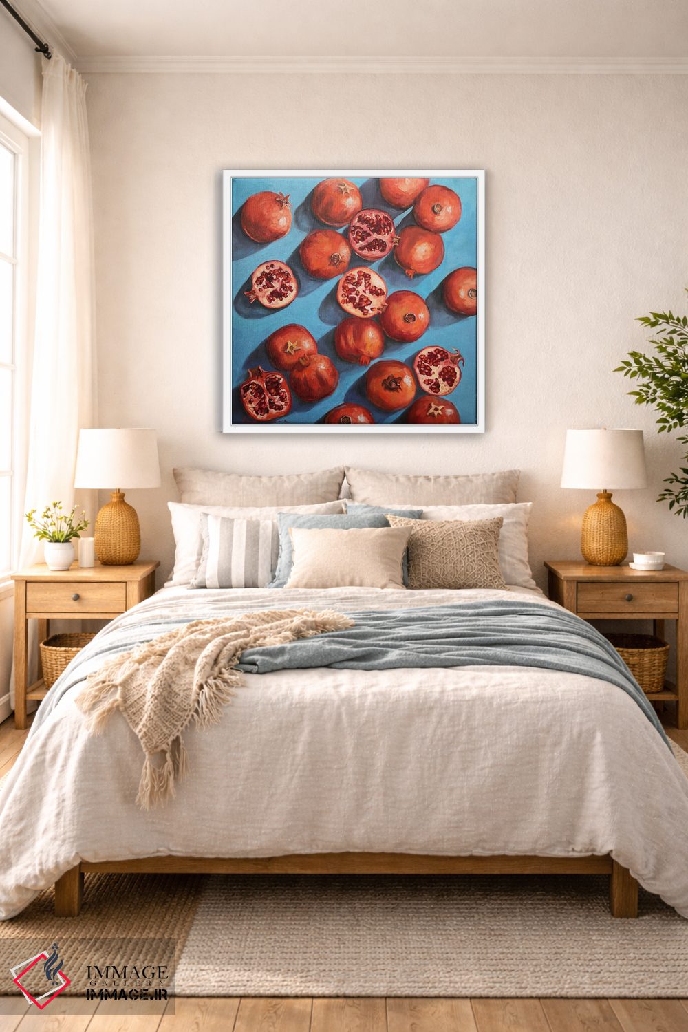 تابلو دکوراتیو انارها روی زمینه فیروزه ای آبی اثر جین لانتسمن - D5W