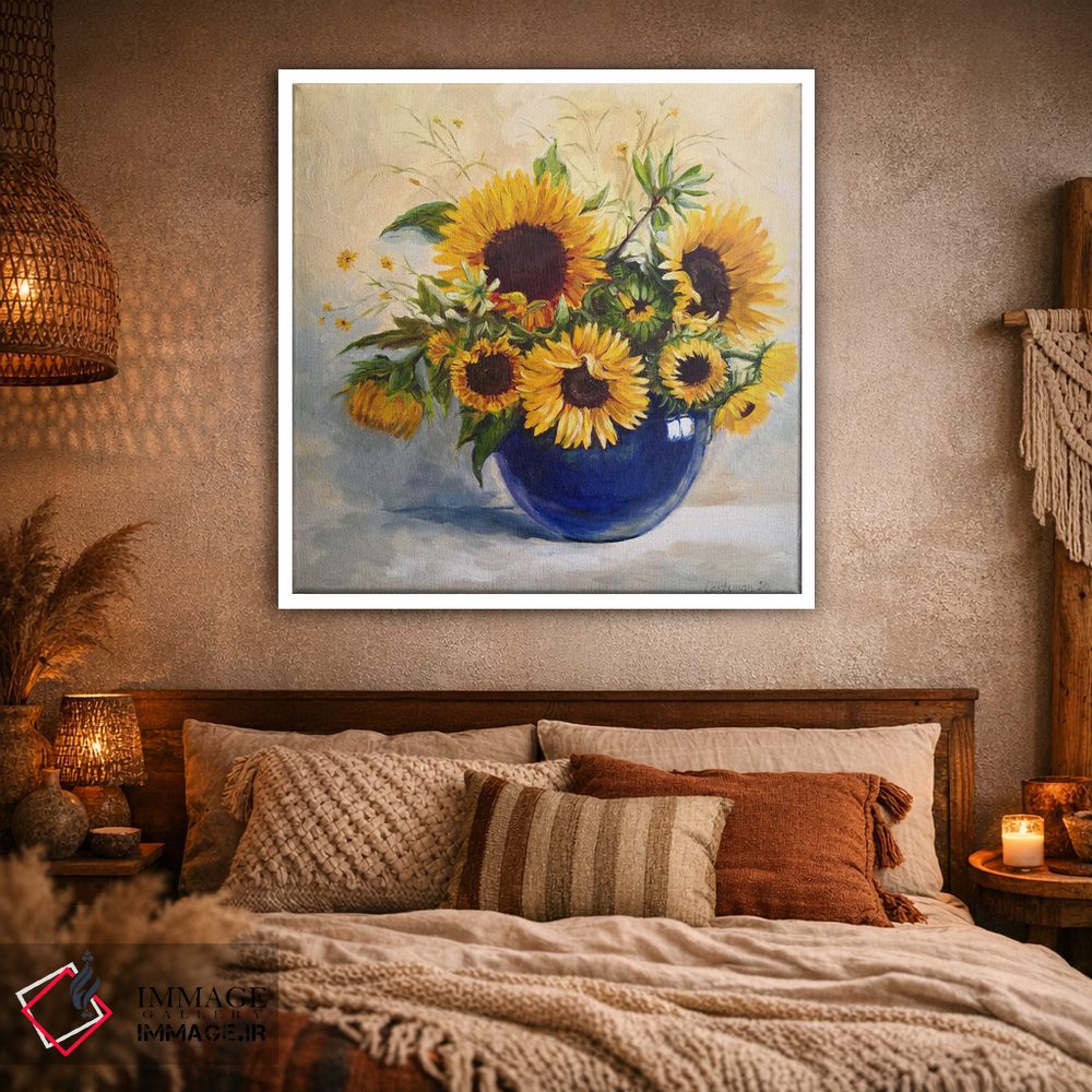 تابلو دکوراتیو گل های آفتابگردان در گلدان آبی اثر جین لانتسمن - D1W