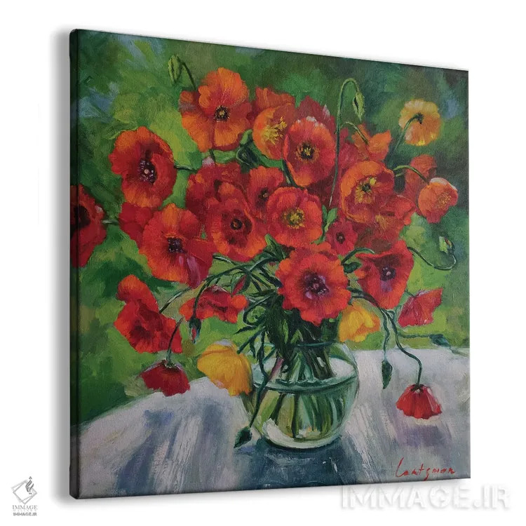 تابلو دکوراتیو گل های شقایق روشن در گلدان شیشه ای اثر جین لانتسمن - نمای پرسپکتیو محصول