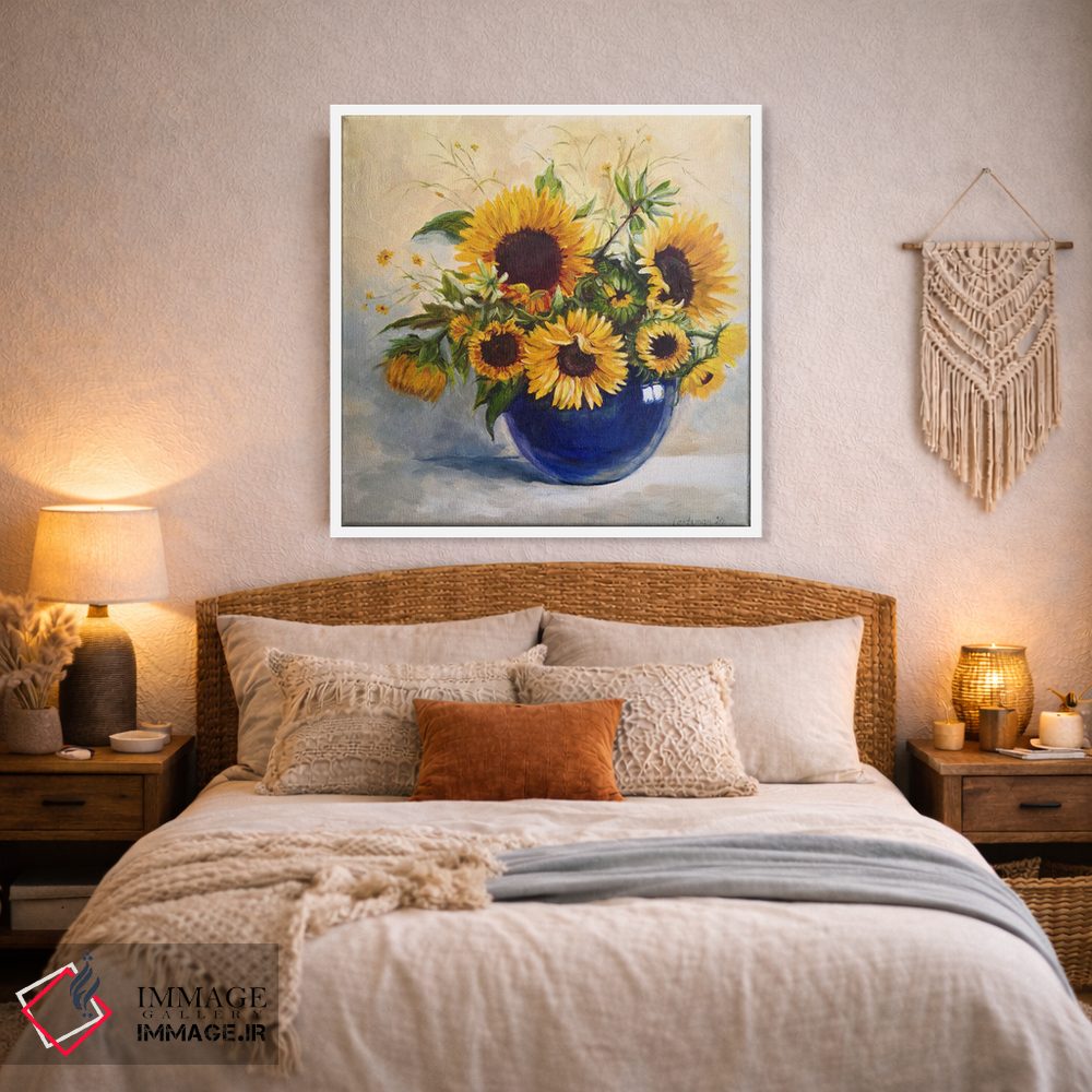 تابلو دکوراتیو گل های آفتابگردان در گلدان آبی اثر جین لانتسمن - D2W