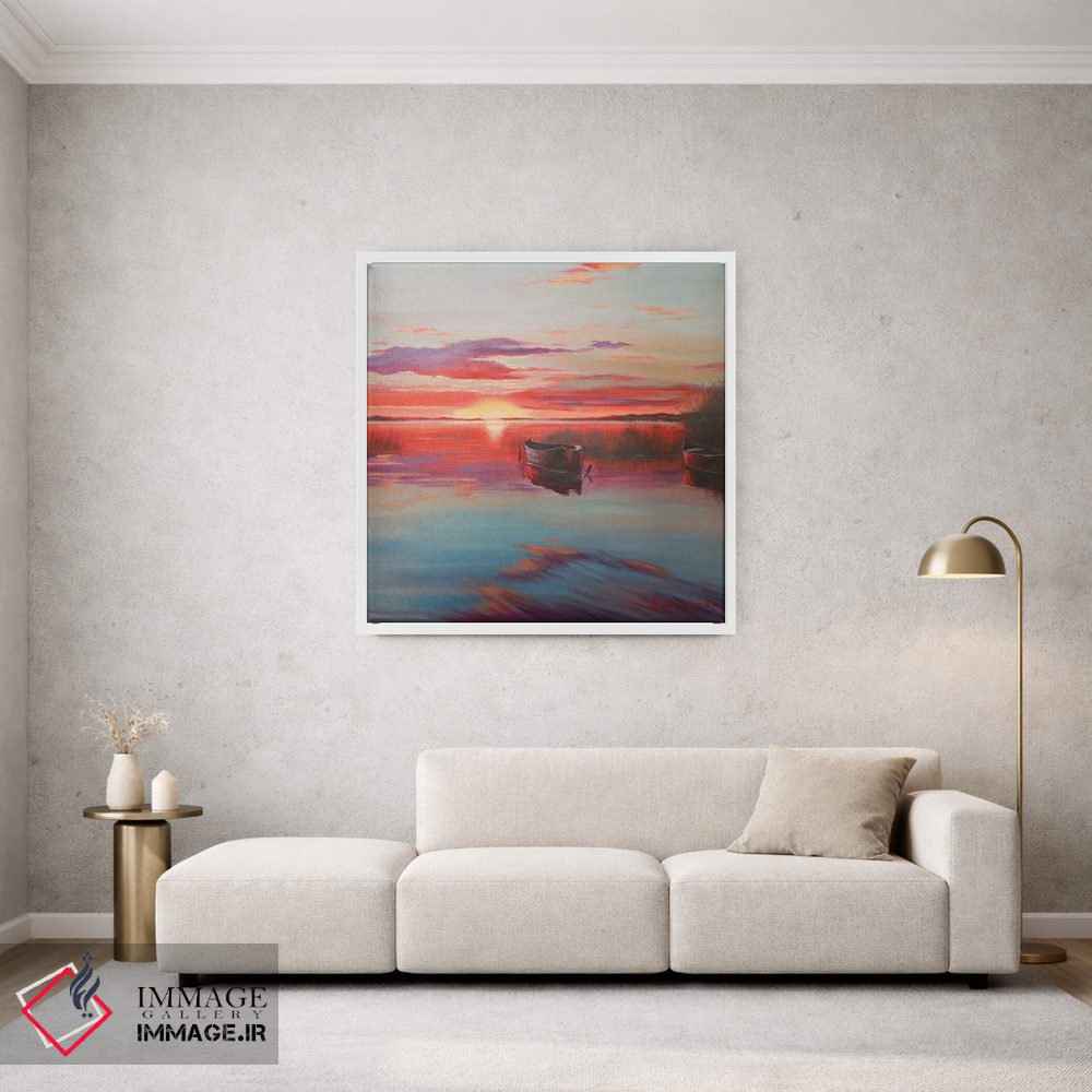 تابلو دکوراتیو غروب خورشید روی دریاچه با قایق ها اثر جین لانتسمن - D1W