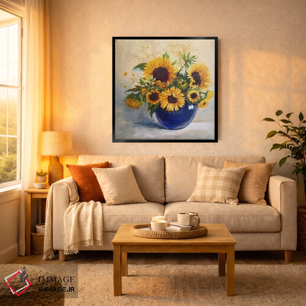 تابلو دکوراتیو گل های آفتابگردان در گلدان آبی اثر جین لانتسمن - D3B