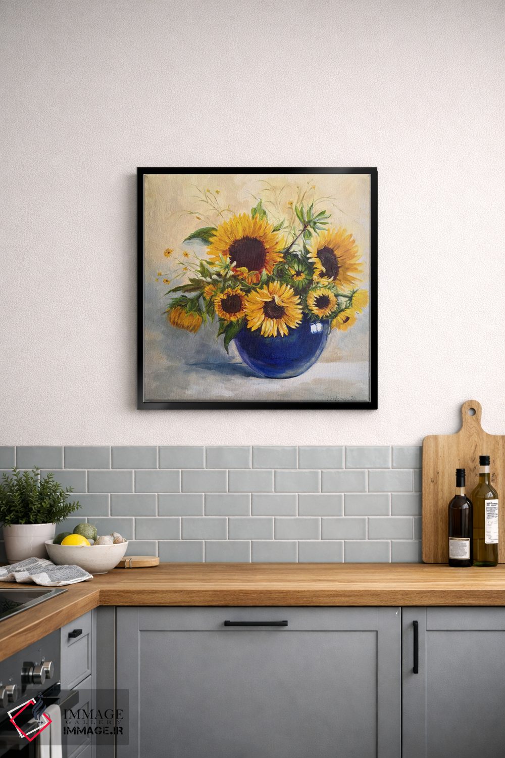 تابلو دکوراتیو گل های آفتابگردان در گلدان آبی اثر جین لانتسمن - D4B