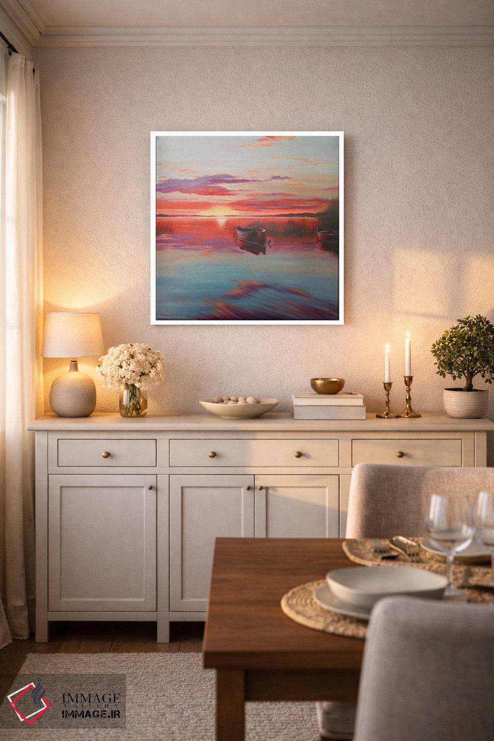 تابلو دکوراتیو غروب خورشید روی دریاچه با قایق ها اثر جین لانتسمن - D3W