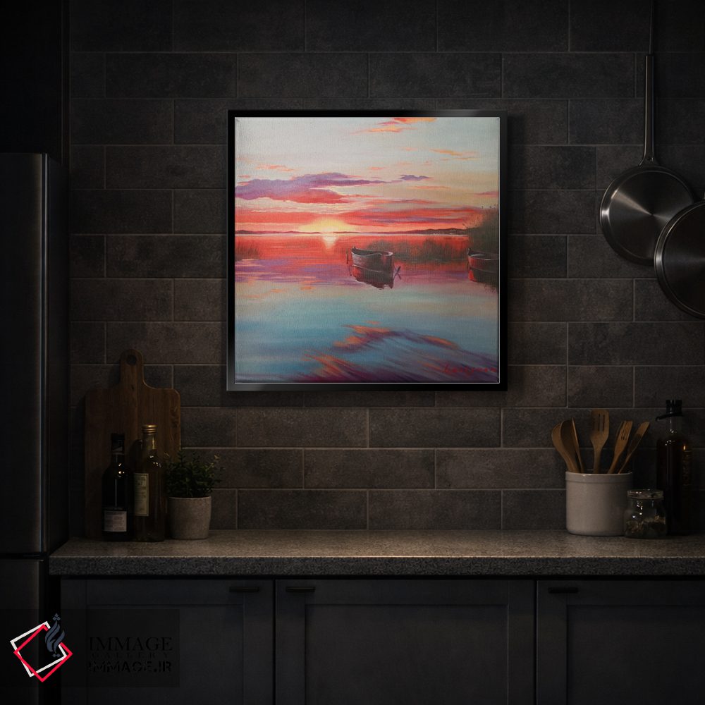 تابلو دکوراتیو غروب خورشید روی دریاچه با قایق ها اثر جین لانتسمن - D2B