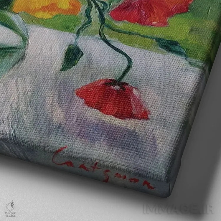 تابلو دکوراتیو گل های شقایق روشن در گلدان شیشه ای اثر جین لانتسمن - نمای نزدیک بافت بوم