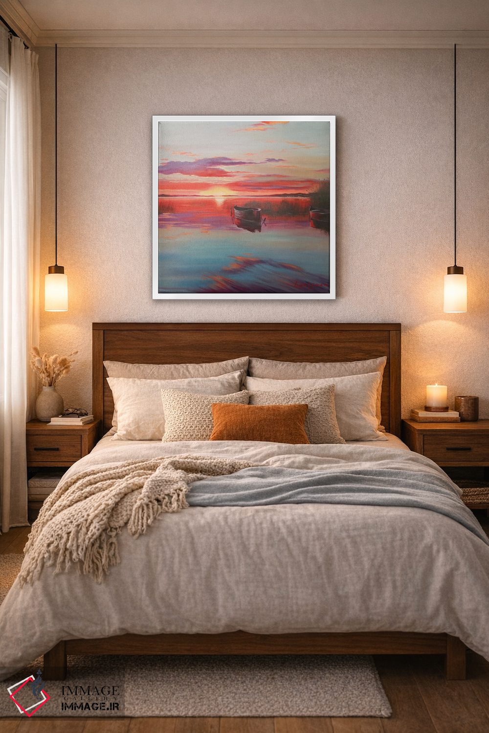 تابلو دکوراتیو غروب خورشید روی دریاچه با قایق ها اثر جین لانتسمن - D4W