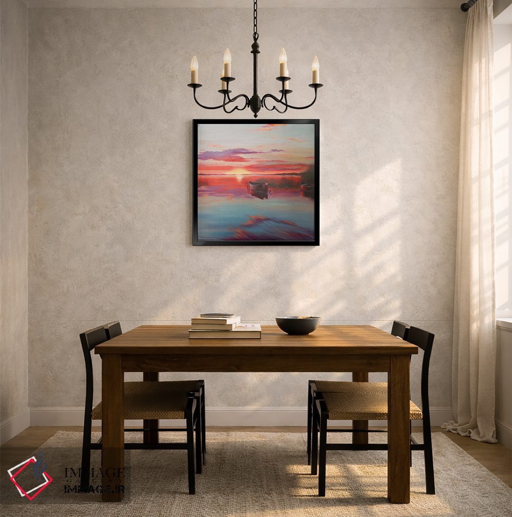 تابلو دکوراتیو غروب خورشید روی دریاچه با قایق ها اثر جین لانتسمن - D5B