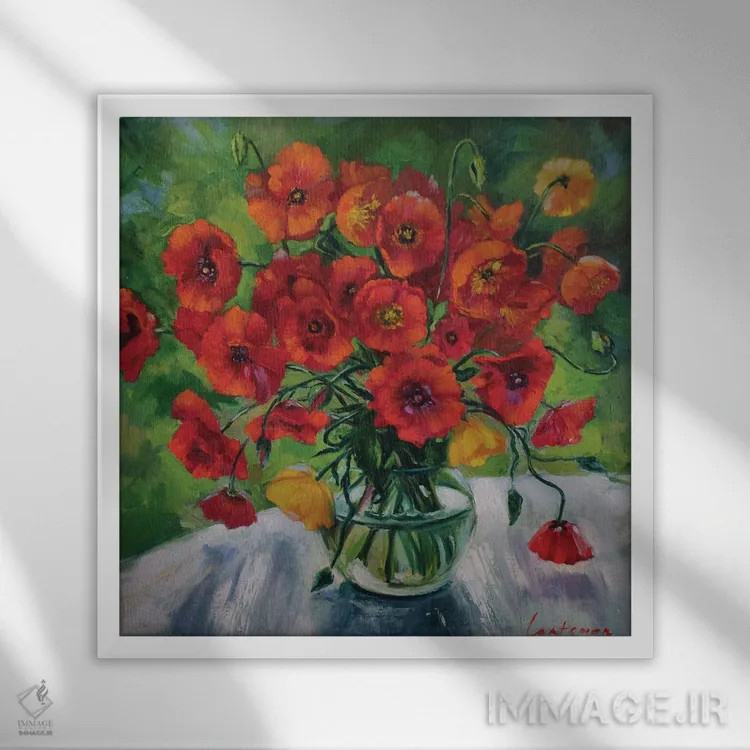 تابلو دکوراتیو گل های شقایق روشن در گلدان شیشه ای اثر جین لانتسمن - نمای قابدار سفید