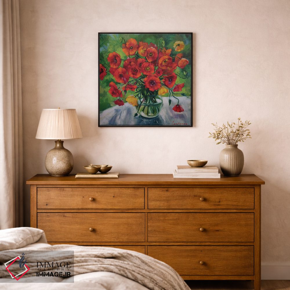 تابلو دکوراتیو گل های شقایق روشن در گلدان شیشه ای اثر جین لانتسمن - D1B