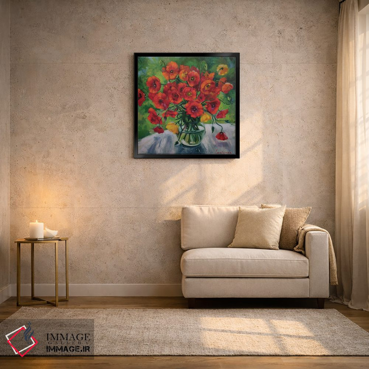 تابلو دکوراتیو گل های شقایق روشن در گلدان شیشه ای اثر جین لانتسمن - D4B