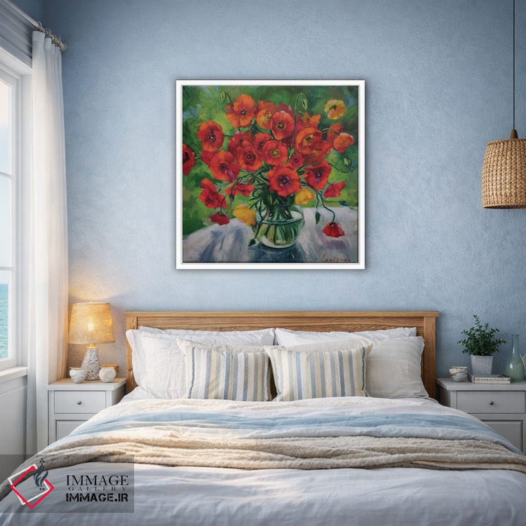 تابلو دکوراتیو گل های شقایق روشن در گلدان شیشه ای اثر جین لانتسمن - D3W