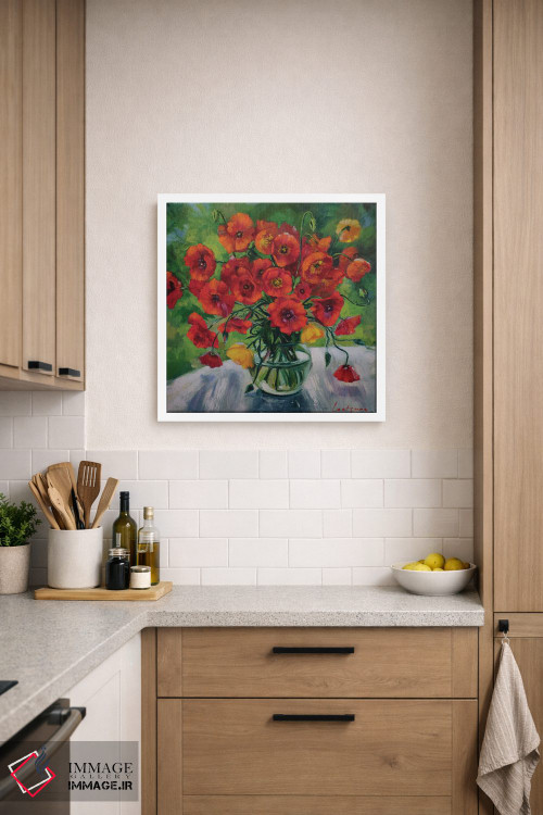 تابلو دکوراتیو گل های شقایق روشن در گلدان شیشه ای اثر جین لانتسمن - D6W