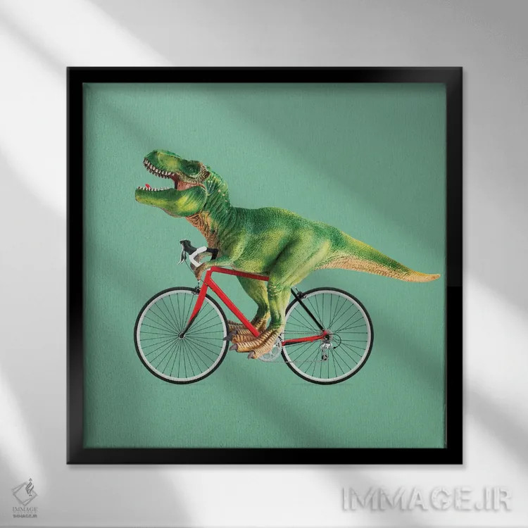 تابلو دکوراتیو "دوچرخه تیرانوسور" اثر یوناس لوس - نمای قابدار مشکی