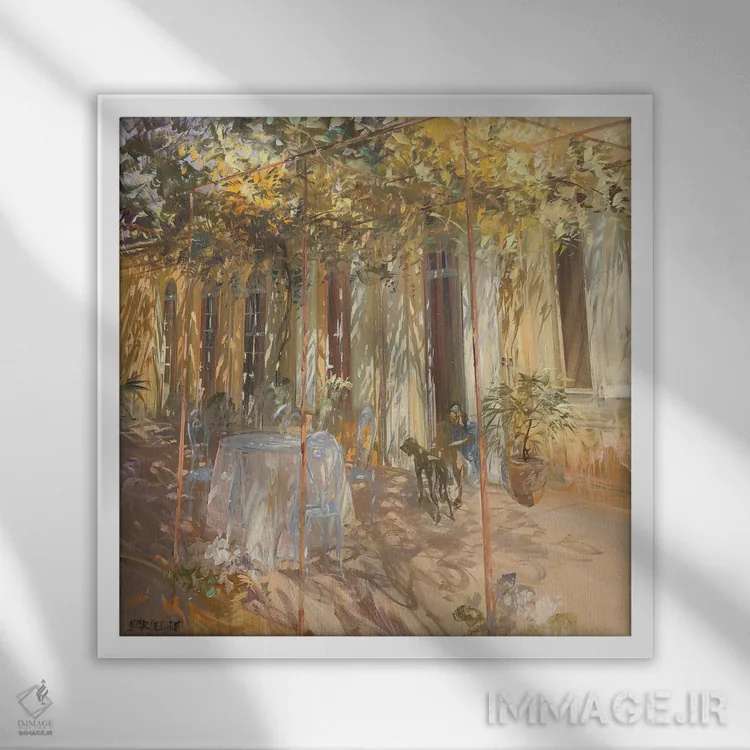 تابلو دکوراتیو "میز در باغ" اثر لوران پارسلیه - نمای قابدار سفید