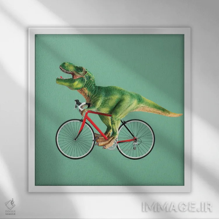 تابلو دکوراتیو "دوچرخه تیرانوسور" اثر یوناس لوس - نمای قابدار سفید