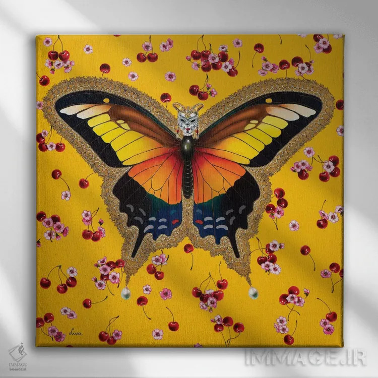تابلو دکوراتیو "پروانه با گیلاس" اثر لیوا پاکالنه فانلی - نمای روبهرو روی دیوار