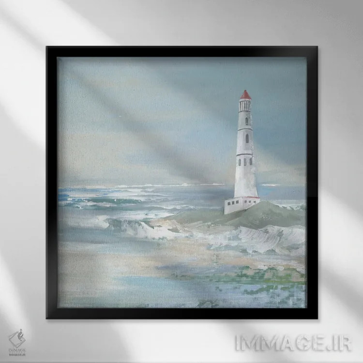 تابلو دکوراتیو فانوس دریایی اقیانوس آبی اثر لرا - نمای قابدار مشکی