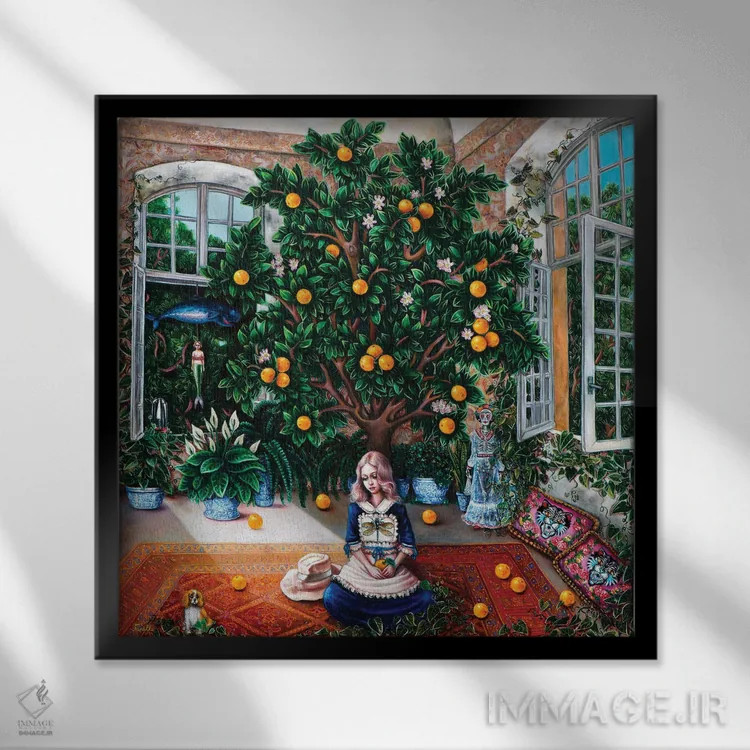 تابلو دکوراتیو درخت پرتقال اثر لیوا پاکالنه فانلی - نمای قابدار مشکی